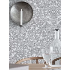 Kép 3/4 - Boras Monokróm levélmintás fekete-fehér vlies tapéta Viola Gråsten Romans Black White 53 cm X 10 m