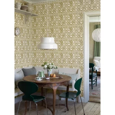 Kép 2/3 - Boras Gyümölcs mintás retro sárga vlies tapéta Stig Lindberg Fruktlåda Yellow 53 cm X 10 m