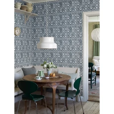 Kép 2/3 - Boras Gyümölcs mintás retro kék vlies tapéta Stig Lindberg Fruktlåda Blue 53 cm X 10 m