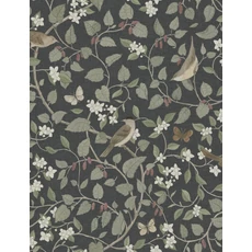 Kép 1/5 - Boras Levél indás madaras fekete vlies tapéta Sångfåglar Black 49 cm X 10 m