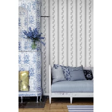 Kép 4/6 - Boras Csíkos virágos klasszikus fekete-fehér vlies tapéta Drottningholm White 53 cm X 10 m