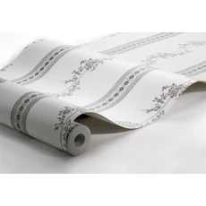 Kép 6/6 - Boras Csíkos virágos klasszikus fekete-fehér vlies tapéta Drottningholm White 53 cm X 10 m