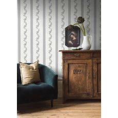 Kép 3/6 - Boras Csíkos virágos klasszikus fekete-fehér vlies tapéta Drottningholm White 53 cm X 10 m