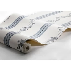 Kép 4/4 - Boras Csíkos virágos klasszikus kék-fehér vlies tapéta Drottningholm White 53 cm X 10 m