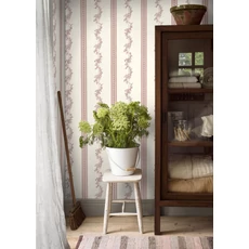Kép 2/5 - Boras Csíkos virágos klasszikus piros-fehér vlies tapéta Drottningholm White 53 cm X 10 m