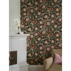 Kép 1/4 - Boras Rózsás lepkés romantikus fekete vlies tapéta Kamelia Black 49 cm X 10 m