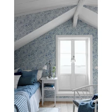 Kép 2/4 - Boras Romantikus levél mintás fehér-kék vlies tapéta Nocturne Blue 53 cm X 10 m