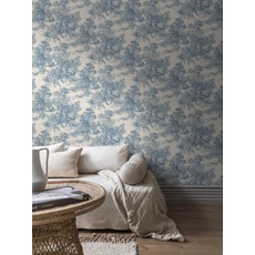 Kép 4/6 - Boras Klasszikus toile mintás kék vlies tapéta Toile de Jouy Blue 53 cm X 10 m