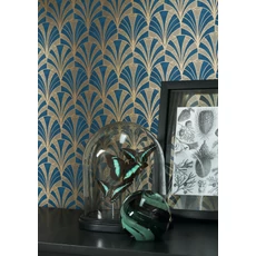 Kép 2/3 - Casadeco Pálmalevél mintás art deco kék-arany vlies tapéta 1930 Palmette Bleu 53 cm X 10 m