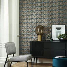 Kép 3/3 - Casadeco Pálmalevél mintás art deco kék-arany vlies tapéta 1930 Palmette Bleu 53 cm X 10 m