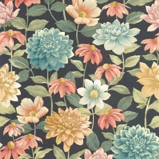 Kép 1/3 - Casadeco Nagy virág mintás kék-fekete vlies tapéta Dahlia Bouquet Fond Noir 53 cm X 10 m