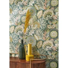 Kép 3/3 - Casadeco Szövethatású virág mintás sárga-zöld vinyl tapéta Batik Vert Canopee 53 cm X 10 m