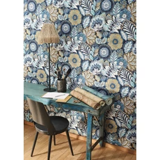 Kép 3/3 - Casadeco Szövethatású virág mintás sárga-kék vinyl tapéta Batik Bleu Indigo53 cm X 10 m
