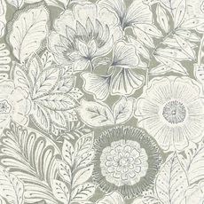 Kép 1/3 - Casadeco Szövethatású virág mintás fehér-zöld vinyl tapéta Batik Vert Sauge 53 cm X 10 m