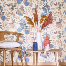 Kép 3/3 - Casadeco Vidám botanikai mintás kék-barack vinyl tapéta Palm Springs Indigo/Péche 53 cm X 10 m