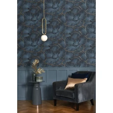 Kép 2/3 - Casadeco Legyezős elegáns arany-kék vlies tapéta Cabaret Bleu Orage 53 cm X 10 m