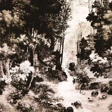 Kép 1/2 - Casadeco Szépiás vlies poszter panel japán erdei ösvénnyel Pavillon D'or Sepia 50 cm X 3 m