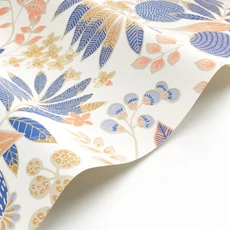 Kép 2/3 - Casadeco Vidám botanikai mintás kék-barack vinyl tapéta Palm Springs Indigo/Péche 53 cm X 10 m