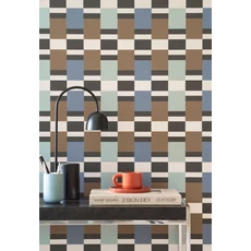 Kép 3/3 - Casadeco Modern gesztenyebarna-kék vlies tapéta geometrikus mintával Chess Game Marron/Bleu 53 cm X 10 m