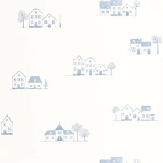 Kép 1/3 - Casadeco Házikó mintás kék-fehér vlies tapéta Walk In The Village Bleu Doux 53 cm X 10 m