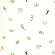 Kép 1/3 - Casadeco Apró állatmintás zöld-fehér vlies tapéta Companions Of The Jungle Vert Feuille 53 cm X 10 m