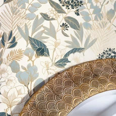 Kép 2/3 - Caselio Romantikus botanikai mintás kék-arany-fehér vlies tapéta Lovely Field Teal Blue Dore Blanc 53 cm X 10 m
