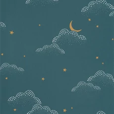 Kép 1/3 - Caselio Felhő mintás sötétkék vlies tapéta csillagokkal S'Evader Bleu Nuit 53 cm X 10 m