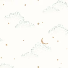 Kép 1/3 - Caselio Felhő mintás fehér vlies tapéta csillagokkal S'Evader Menthe 53 cm X 10 m