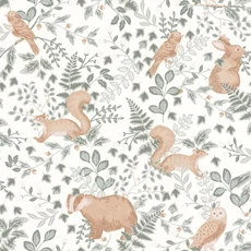 Kép 1/3 - Caselio Erdei állatos fehér-zöld vllies tapéta Se Faufiler Vert De Gris 53 cm X 10 m