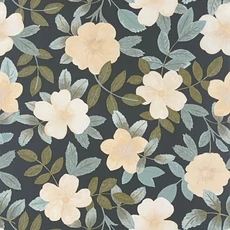 Kép 1/3 - Caselio Virág mintás kék-fekete vinyl tapéta Gaia Bleu Grise Fond Noir 53 cm X 10 m