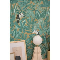 Kép 3/3 - Caselio Egzotikus levél mintás zöld-okkersárga vinyl tapéta madárral Rio Vert Anglais 53 cm X 10 m