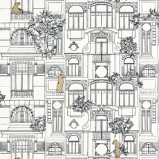 Kép 1/3 - Caselio Épület mintás art deco fehér-fekete vinyl tapéta párduccal James Noir Blanc Or 53 cm X 10 m