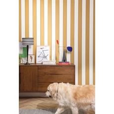 Kép 3/3 - Caselio Elegáns csíkos mustársárga vinyl tapéta fekete széllel Moonlight Golden Lines Moutarde 53 cm X 10 m