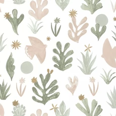 Kép 1/3 - Caselio Madár mintás vidám zöld-bézs vlies tapéta Liberte Kaki Beige Dore 53 cm X 10 m