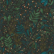 Kép 1/3 - Caselio Modern levél mintás kék-fekete vinyl tapéta Green Life Joy Vert Bleu Or Fond Noir 53 cm X 10 m