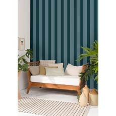 Kép 3/3 - Caselio Elegáns csíkos kék vinyl tapéta arany széllel Moonlight Golden Lines Bleu Paon Ocean 53 cm X 10 m