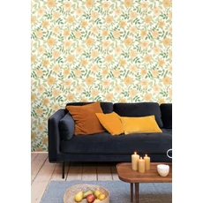 Kép 3/3 - Caselio Virág mintás zöld-sárga vinyl tapéta Gaia Vert Orange 53 cm X 10 m
