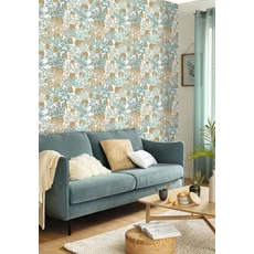 Kép 3/3 - Caselio Modern virág mintás zöld-sárga vinyl tapéta Thalie Vert Opaline Curry 53 cm X 10 m