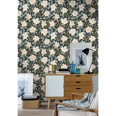 Kép 3/3 - Caselio Virág mintás kék-fekete vinyl tapéta Gaia Bleu Grise Fond Noir 53 cm X 10 m