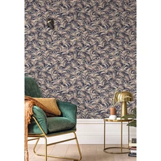 Kép 3/3 - Caselio Art deco levélmintás sötétkék vinyl tapéta Richard Bleu Nuit Cuivre 53 cm X 10 m