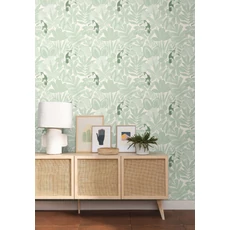 Kép 3/3 - Caselio Egzotikus levél mintás kékes zöld vinyl tapéta madárral Rio Vert D'Eau 53 cm X 10 m