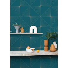 Kép 2/3 - Caselio Geometriai mintás modern kék-arany vinyl tapéta Moonlight Sunset Teal Blue Dore 53 cm X 10 m