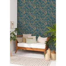 Kép 2/3 - Caselio Elegáns levél mintás zöldes kék-arany vlies tapéta Delicate Teal Blue Dore 53 cm X 10 m