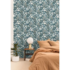 Kép 2/3 - Caselio Romantikus botanikai mintás zöldes kék-arany vlies tapéta Lovely Field Teal Blue Dore 53 cm X 10 m