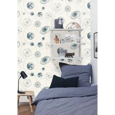 Kép 3/3 - Caselio Bolygós kék-fehér vinyl tapéta Just Fly Bleu Canard 53 cm X 10 m