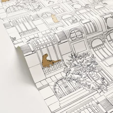 Kép 2/3 - Caselio Épület mintás art deco fehér-fekete vinyl tapéta párduccal James Noir Blanc Or 53 cm X 10 m