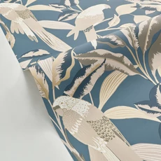 Kép 2/3 - Caselio Egzotikus papagáj mintás kék vinyl tapéta Gary Bleu Paon 53 cm X 10 m