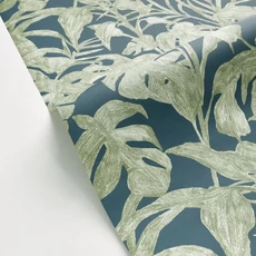 Kép 2/3 - Caselio Levél mintás keki zöld-kék vinyl tapéta Bogota Vert Kaki Bleu 53 cm X 10 m