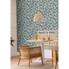 Kép 3/3 - Caselio Art deco levélmintás kék vinyl tapéta Richard Bleu Canard 53 cm X 10 m