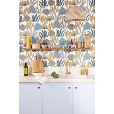 Kép 3/3 - Caselio Trópusi növény mintás kék-barna vlies tapéta Bali Bleu Orange 53 cm X 10 m